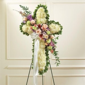 Solid White Standing Cross With Pastel Flower Break